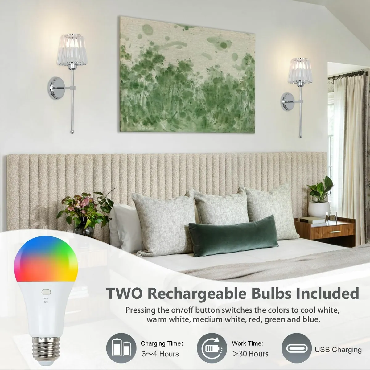 Battery Operated Wall Lights Set of 2 Rechargeable - Image 3
