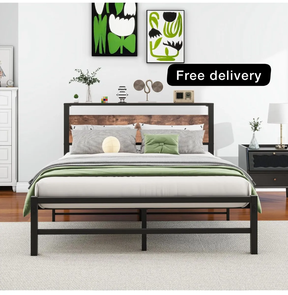 4ft6 Double Metal Platform Bed Frame with Wooden S - Image 1