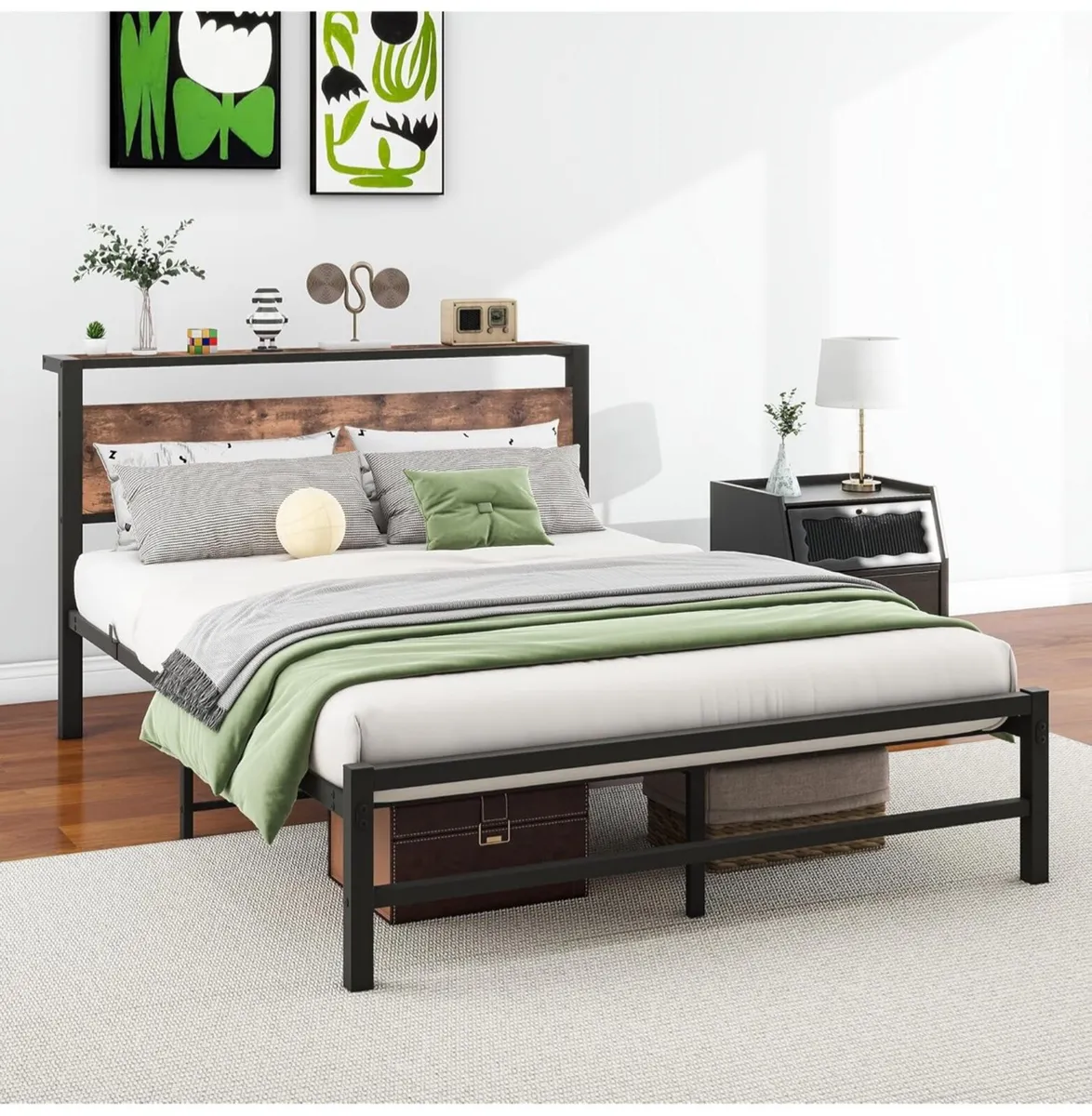 4ft6 Double Metal Platform Bed Frame with Wooden S - Image 1