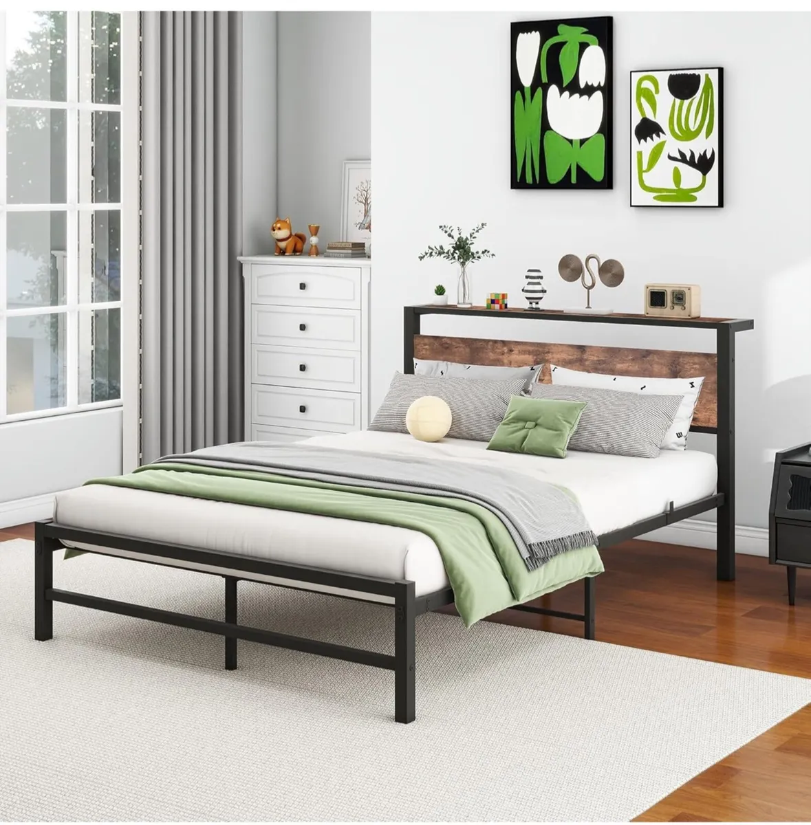 4ft6 Double Metal Platform Bed Frame with Wooden S - Image 3