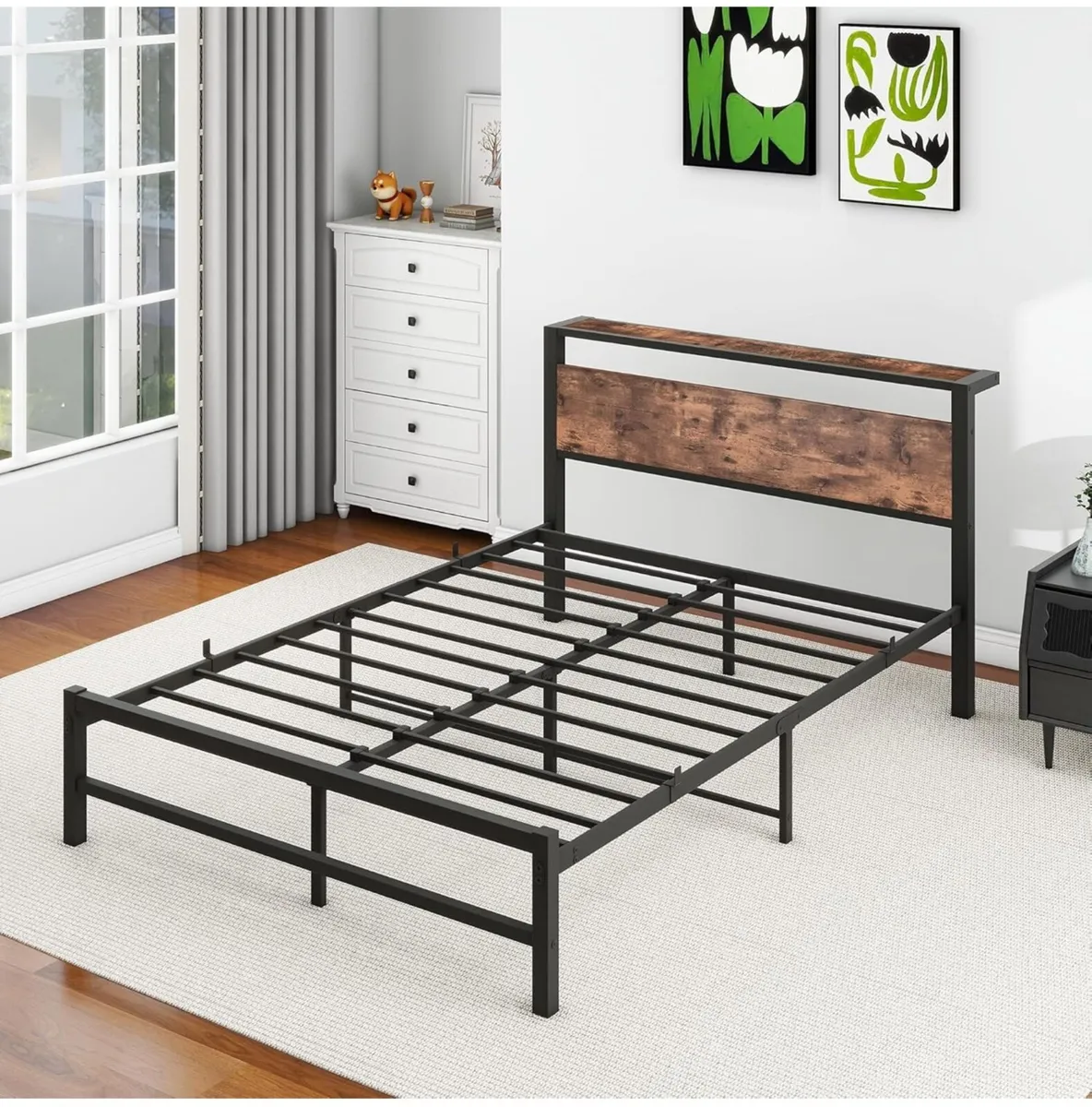 4ft6 Double Metal Platform Bed Frame with Wooden S - Image 4