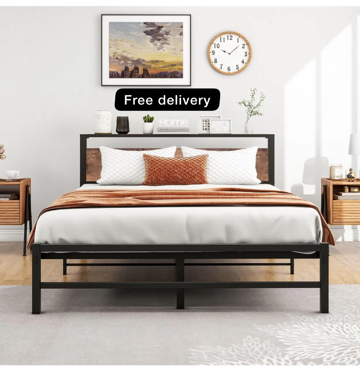 5ft King Metal Platform Bed Frame with Wooden Stor - Image 1