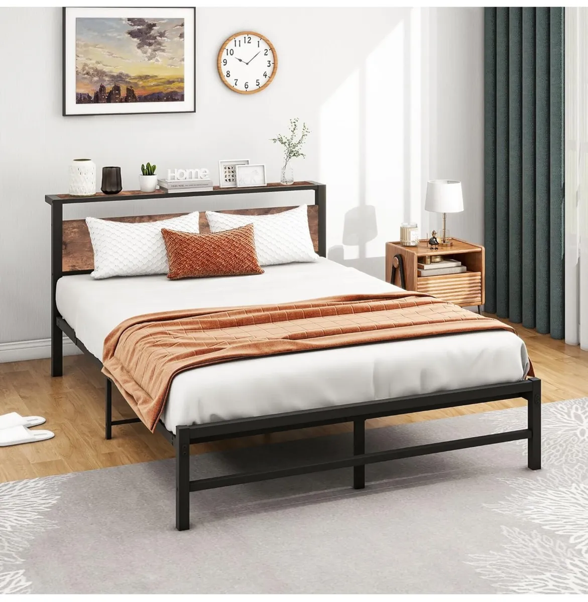 5ft King Metal Platform Bed Frame with Wooden Stor - Image 1