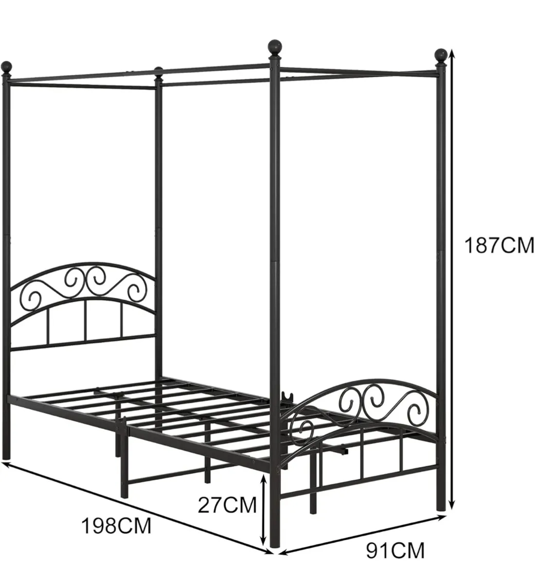 Canopy Bed Frame 3ft Single Size with Ornate Europ - Image 2