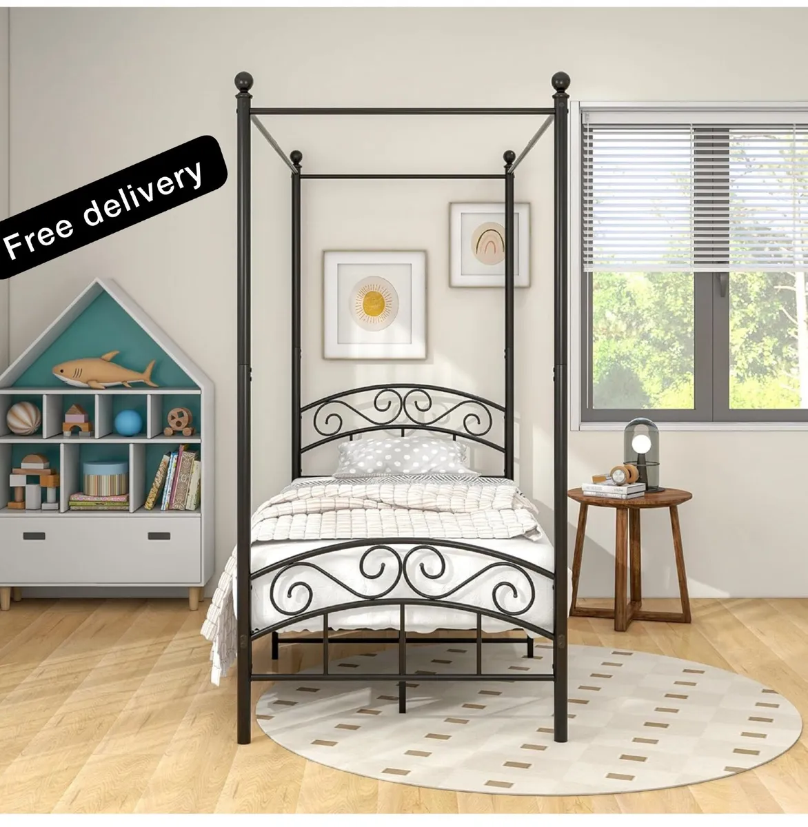 Canopy Bed Frame 3ft Single Size with Ornate Europ - Image 1