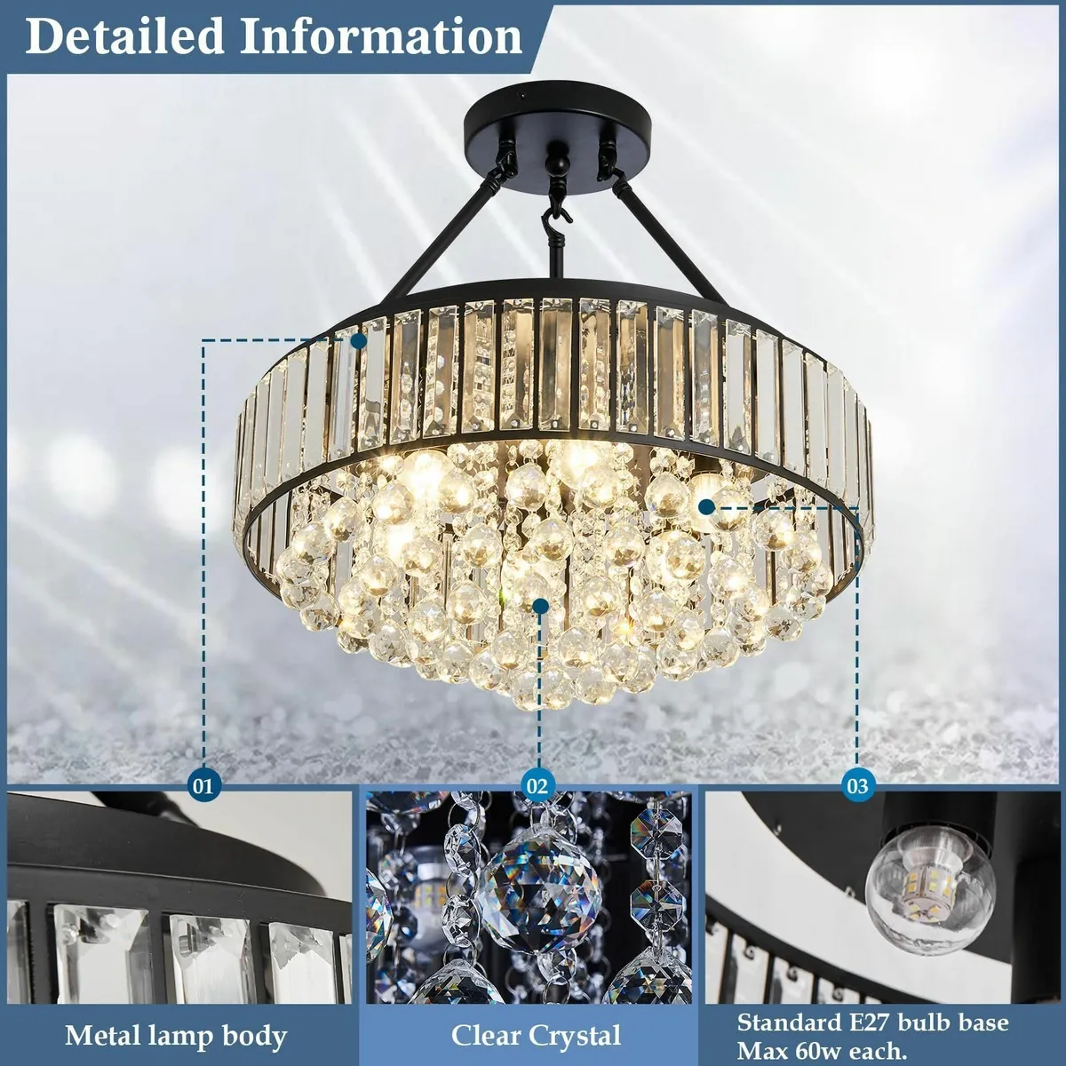 6-Lights Modern Crystal Chandelier Black Metal - Image 3