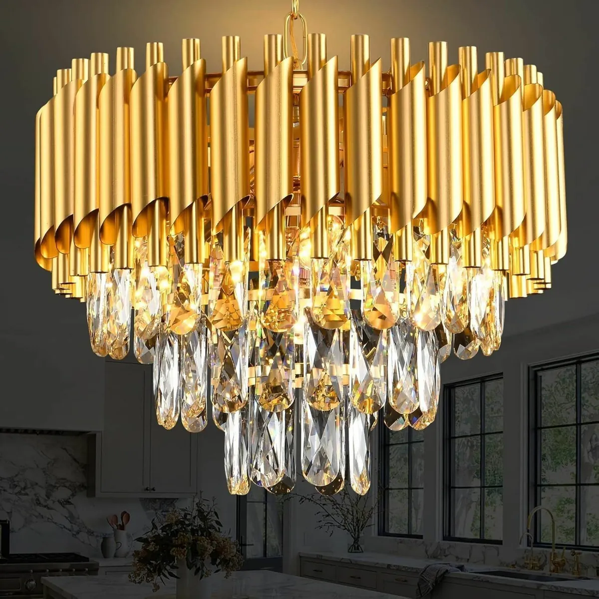 Gold Modern Crystal Chandeliers 3-Tier K9 Round - Image 1