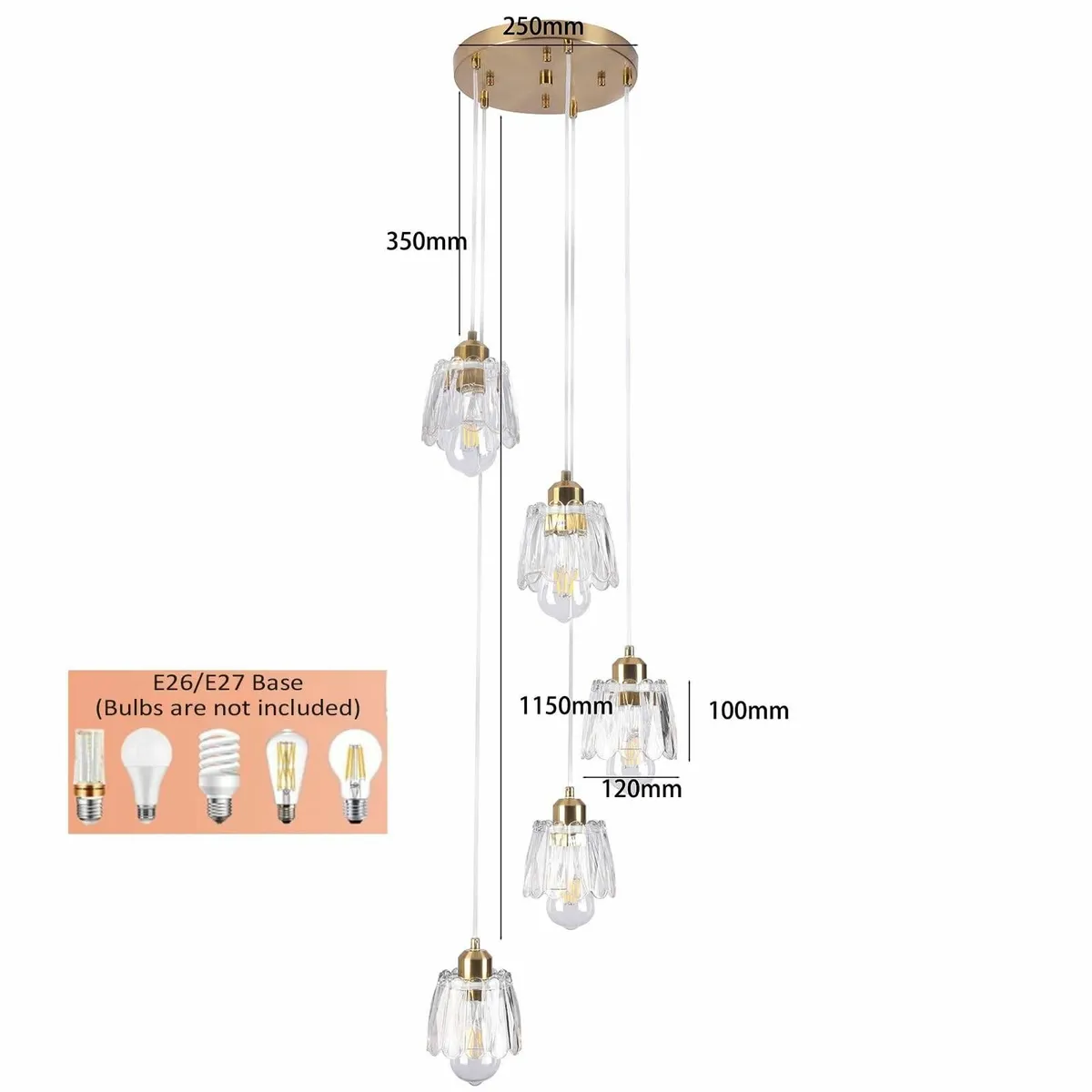 5-Light Spiral Drop Chandelier Modern Gold Glass - Image 3