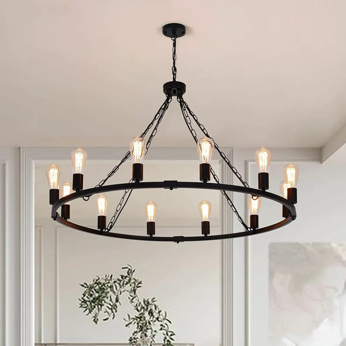 Rustic Chandelier 12-Light Wagon Wheel Black - Image 1