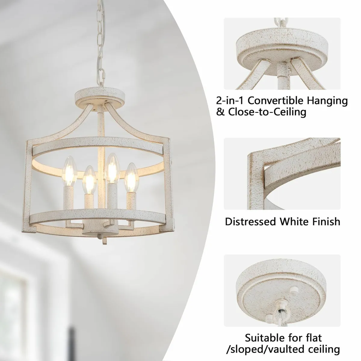 4-Light Antique White Chandelier Vintage Metal - Image 3