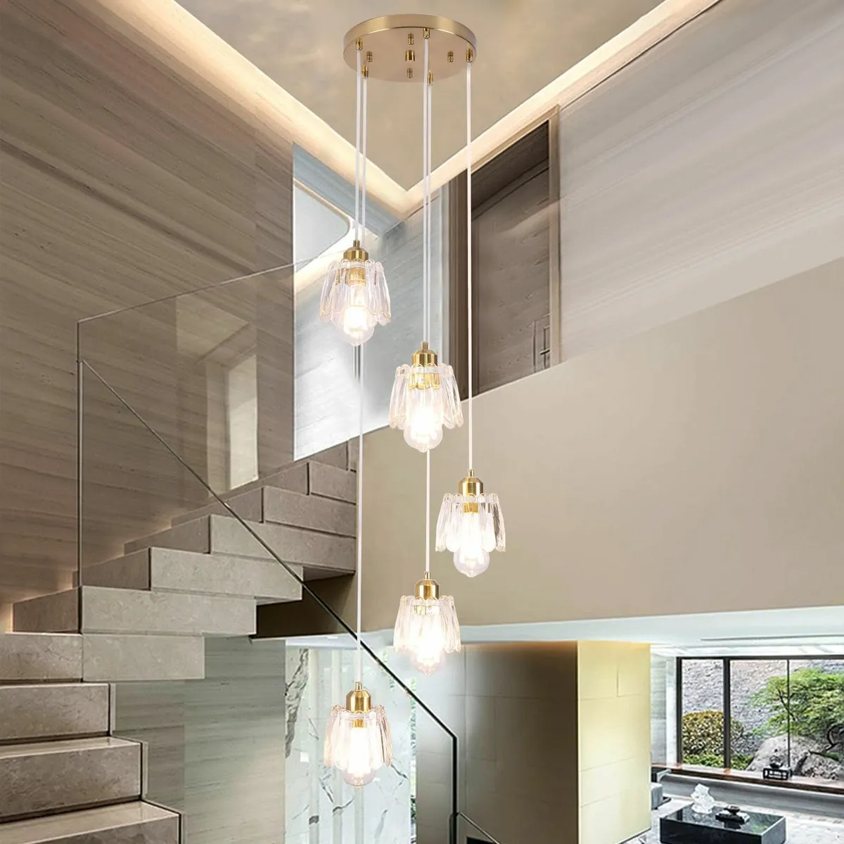 5-Light Spiral Drop Chandelier Modern Gold Glass - Image 1