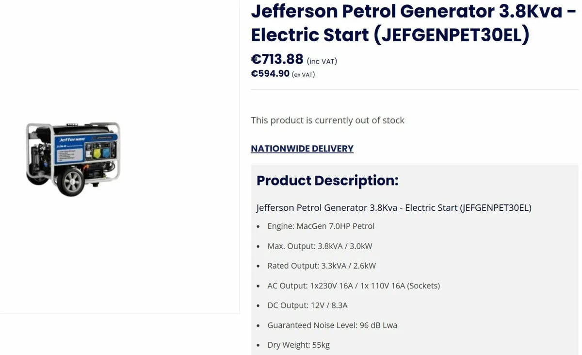 Jefferson 3.8kVa Electric Start 110-230v generator - Image 4