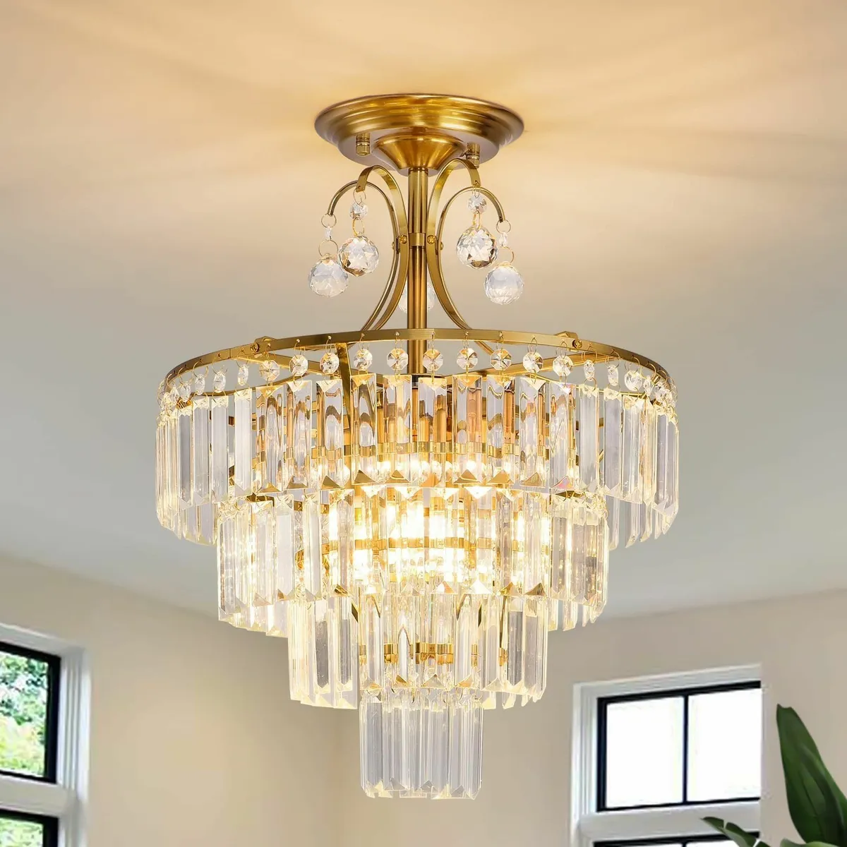 Gold Crystal Chandelier Fixture Modern Semi Flush - Image 1