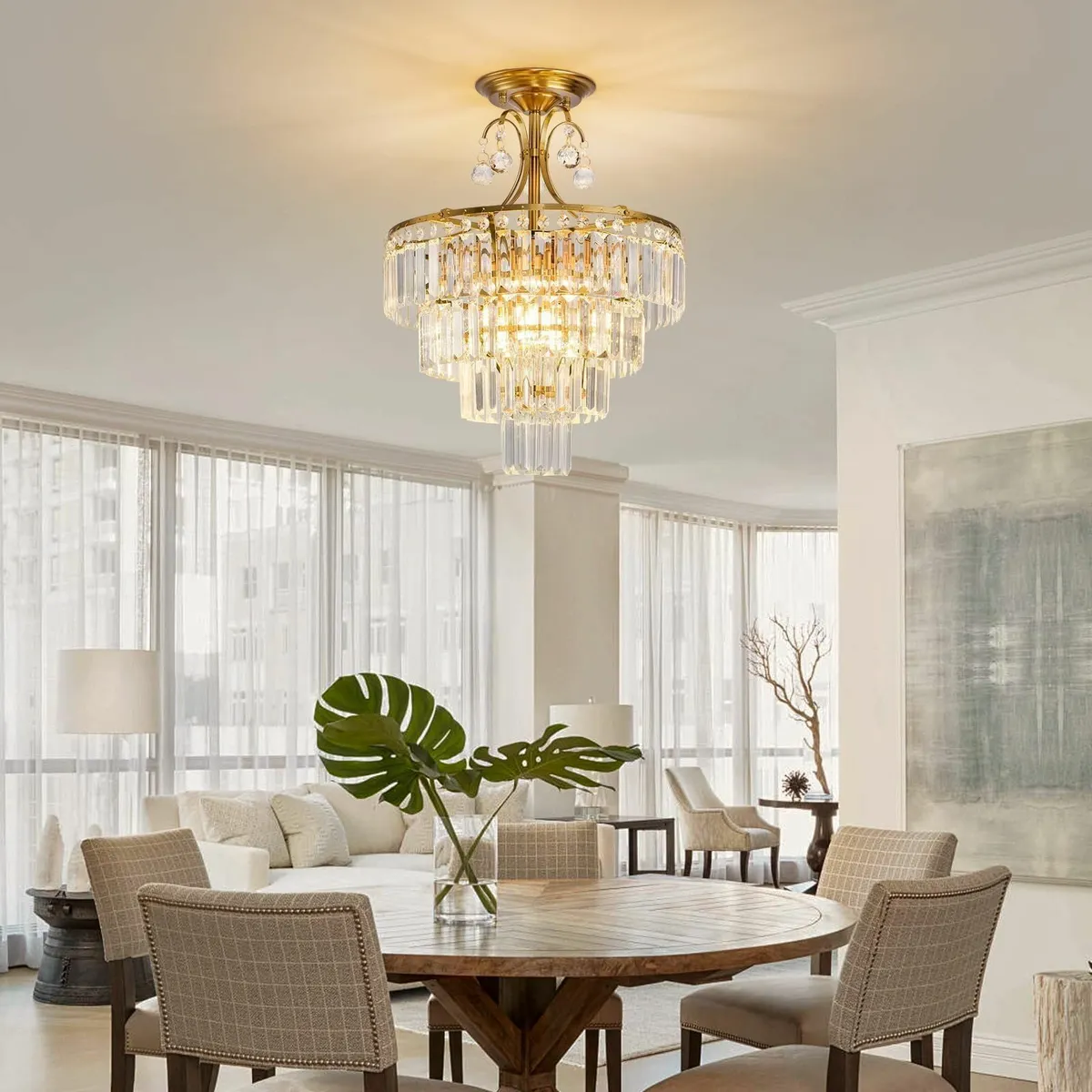 Gold Crystal Chandelier Fixture Modern Semi Flush - Image 2