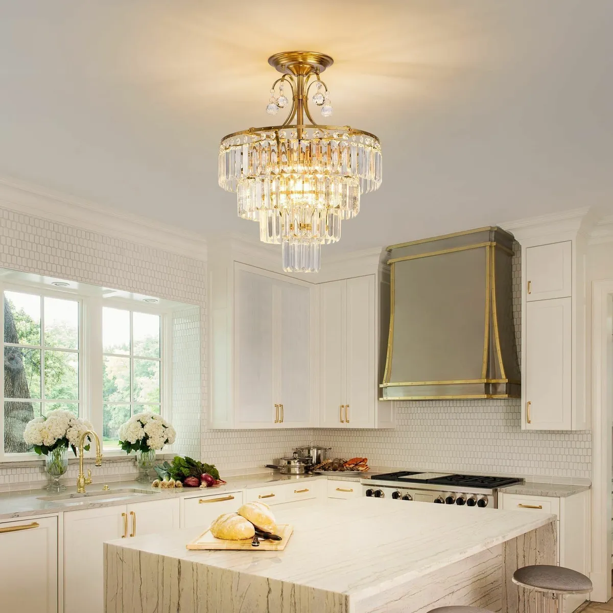 Gold Crystal Chandelier Fixture Modern Semi Flush - Image 3