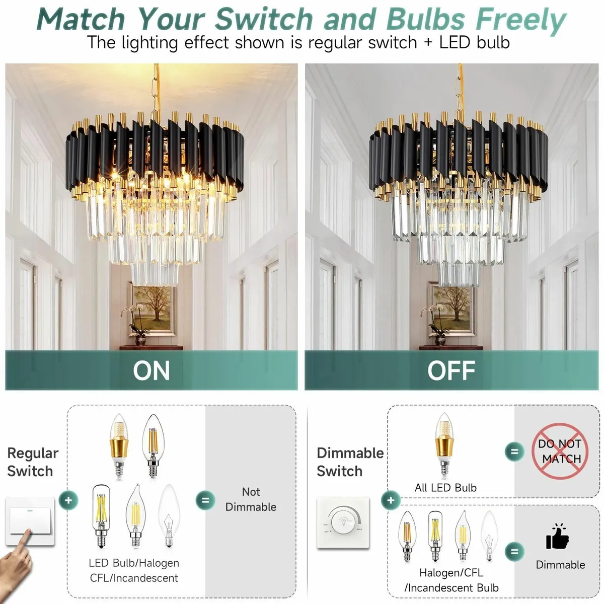 Black and Gold Crystal Chandelier Pendant Light - Image 4