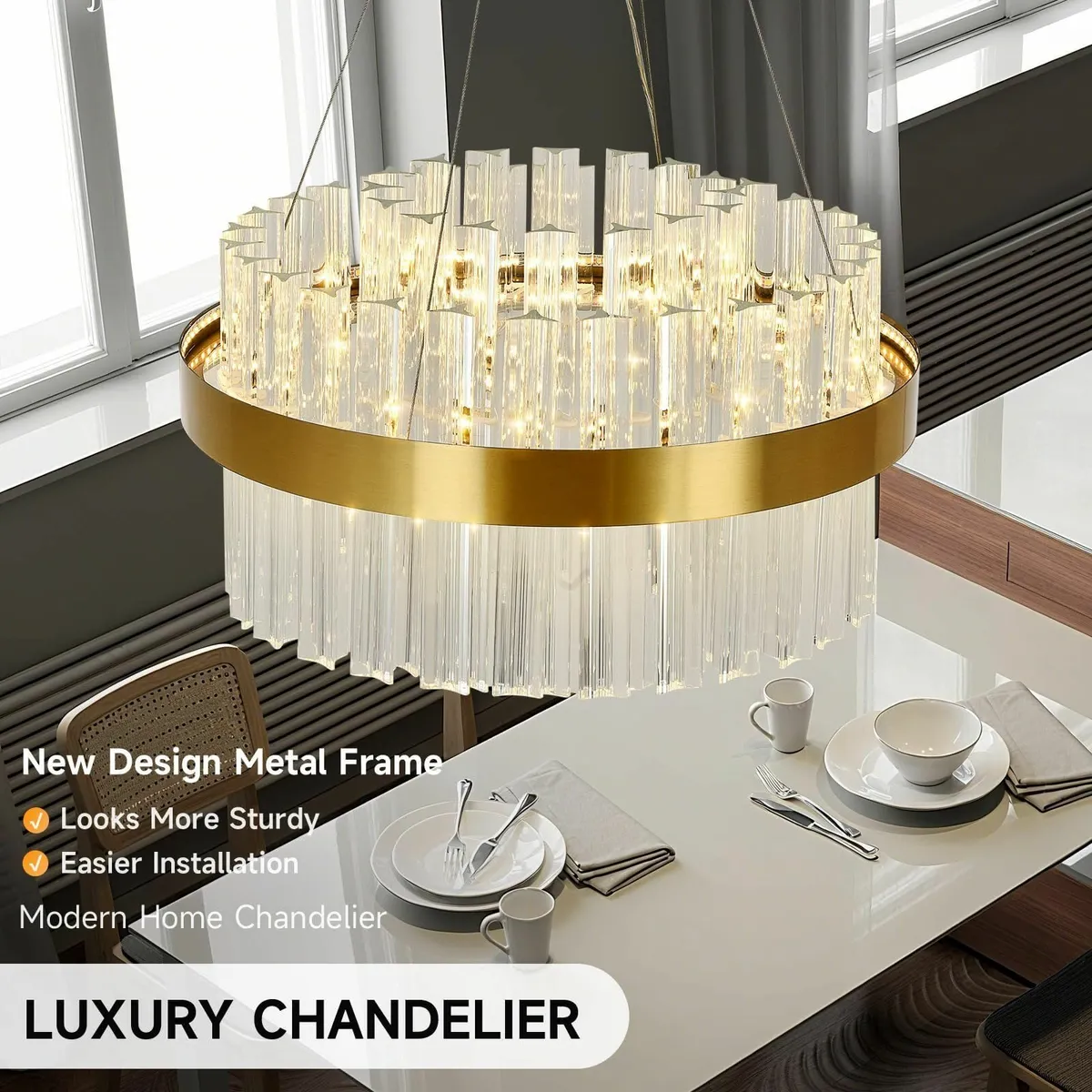Modern Crystal Chandelier Gold Round LED Pendant - Image 3