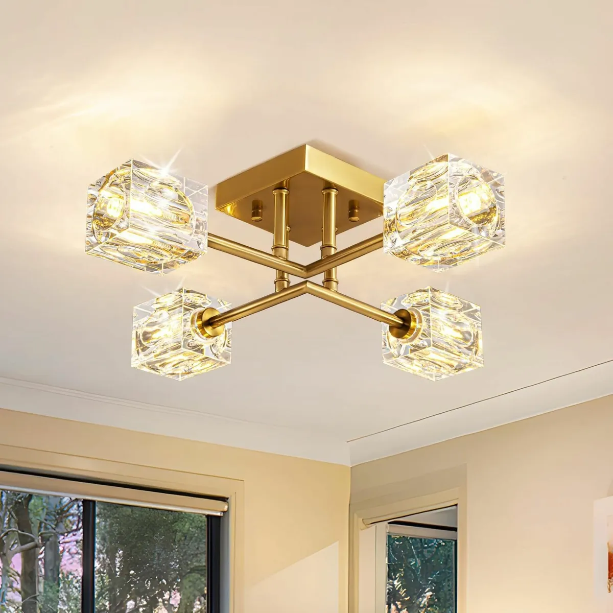 Modern Gold 4-Light Crystal Ceiling Light Semi