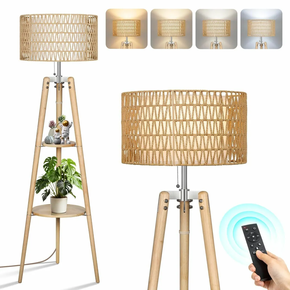 Wood Tripod Floor Lamp with Rattan Linen Double - Image 1