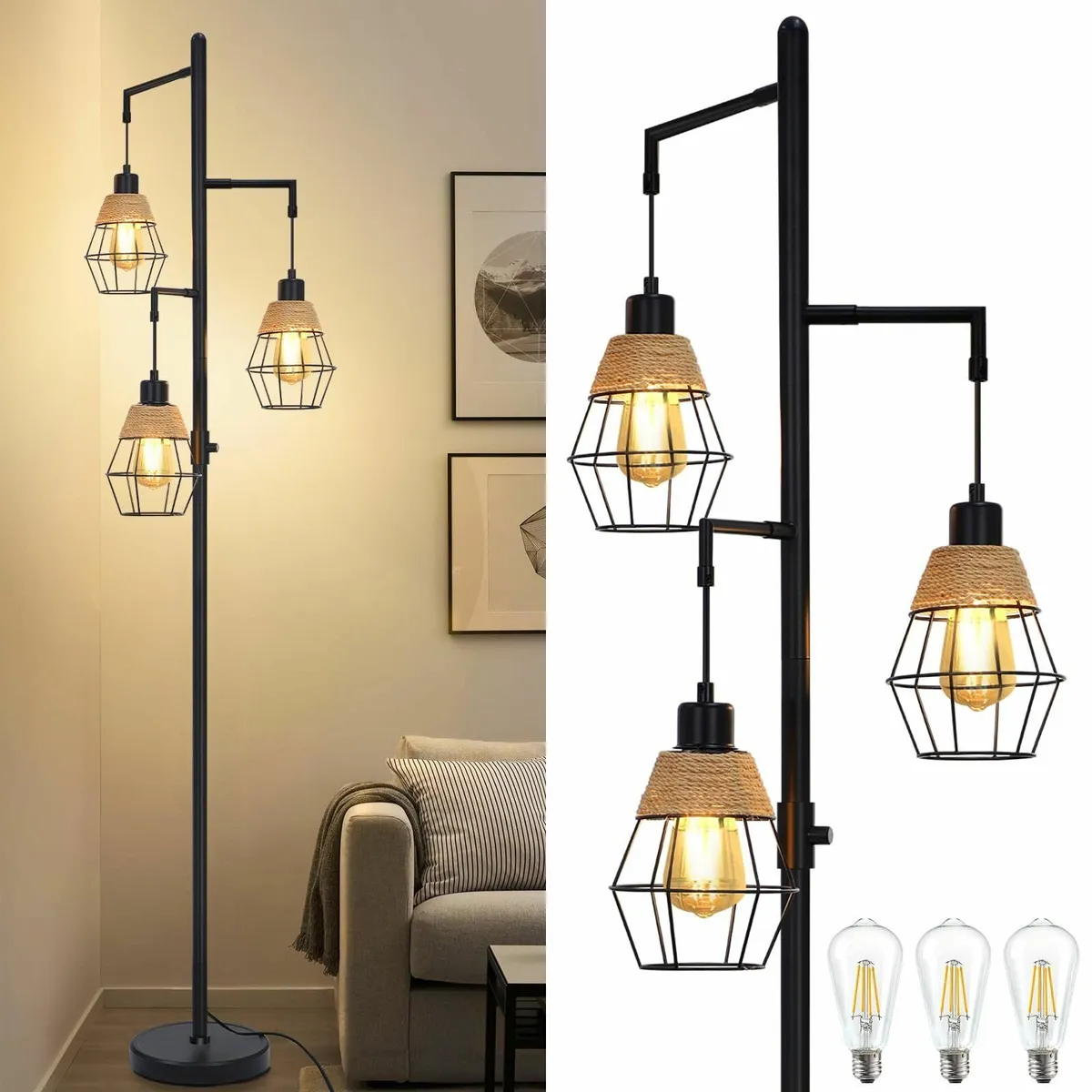 Industrial Floor Lamp with 3 Bulbs Black Standing - Image 1