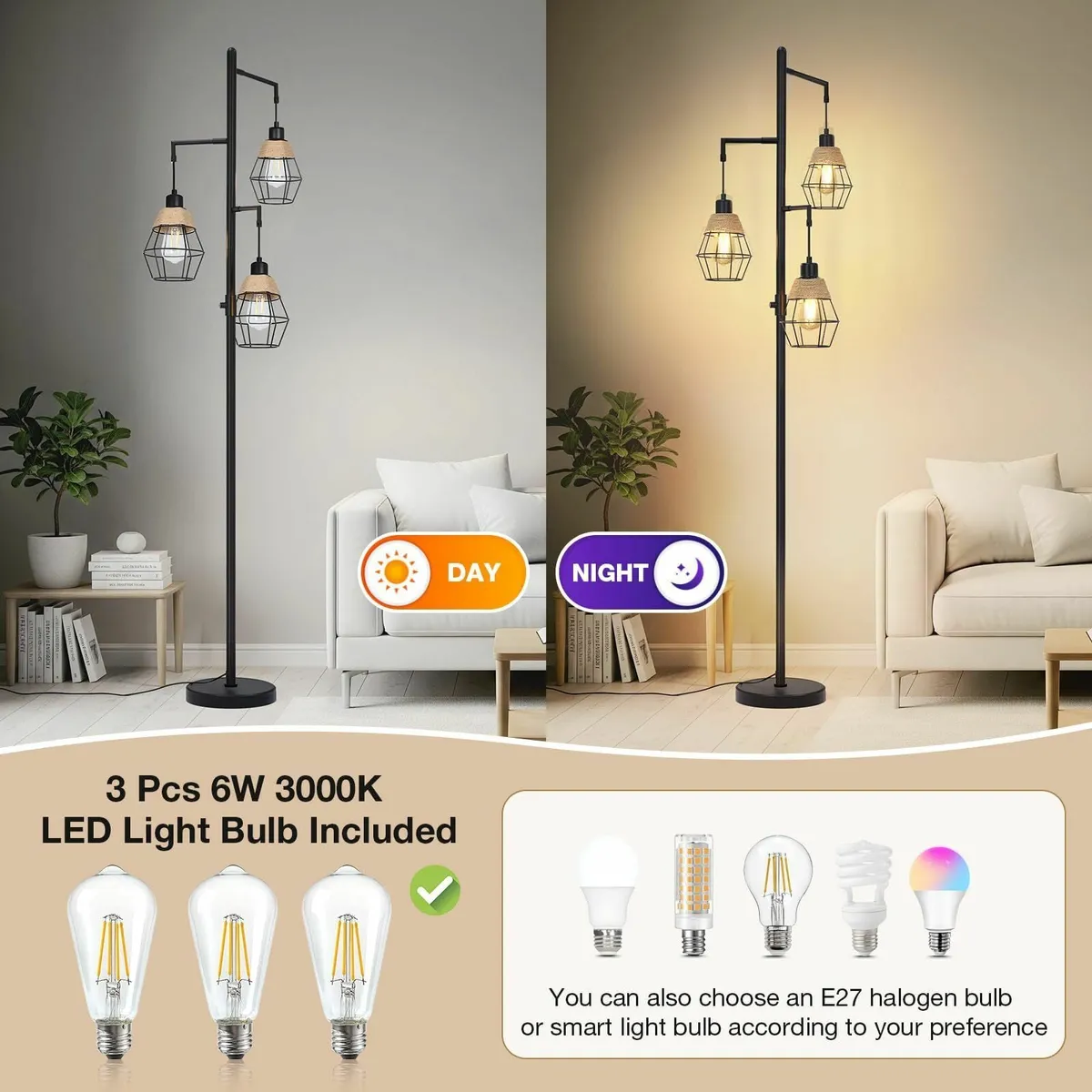 Industrial Floor Lamp with 3 Bulbs Black Standing - Image 3