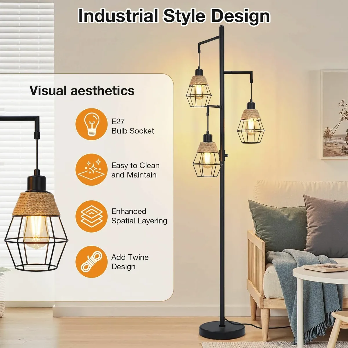 Industrial Floor Lamp with 3 Bulbs Black Standing - Image 4