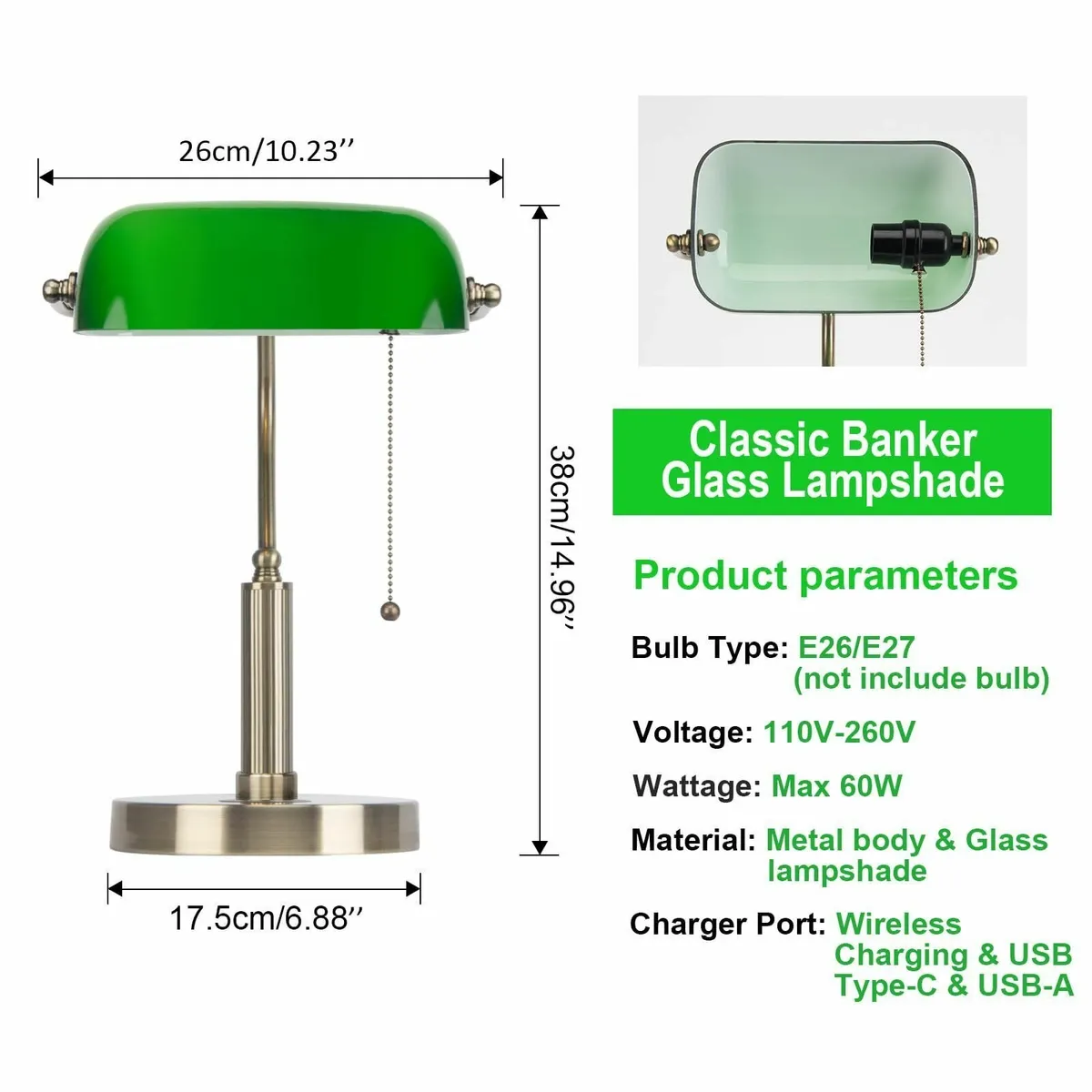 Bankers Office Desk Lamp Vintage Green Glass - Image 3