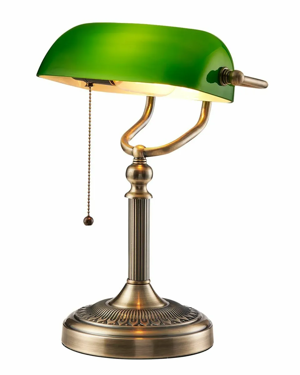 Green Glass Bankers Desk Lamp with Pull Chain - Image 1