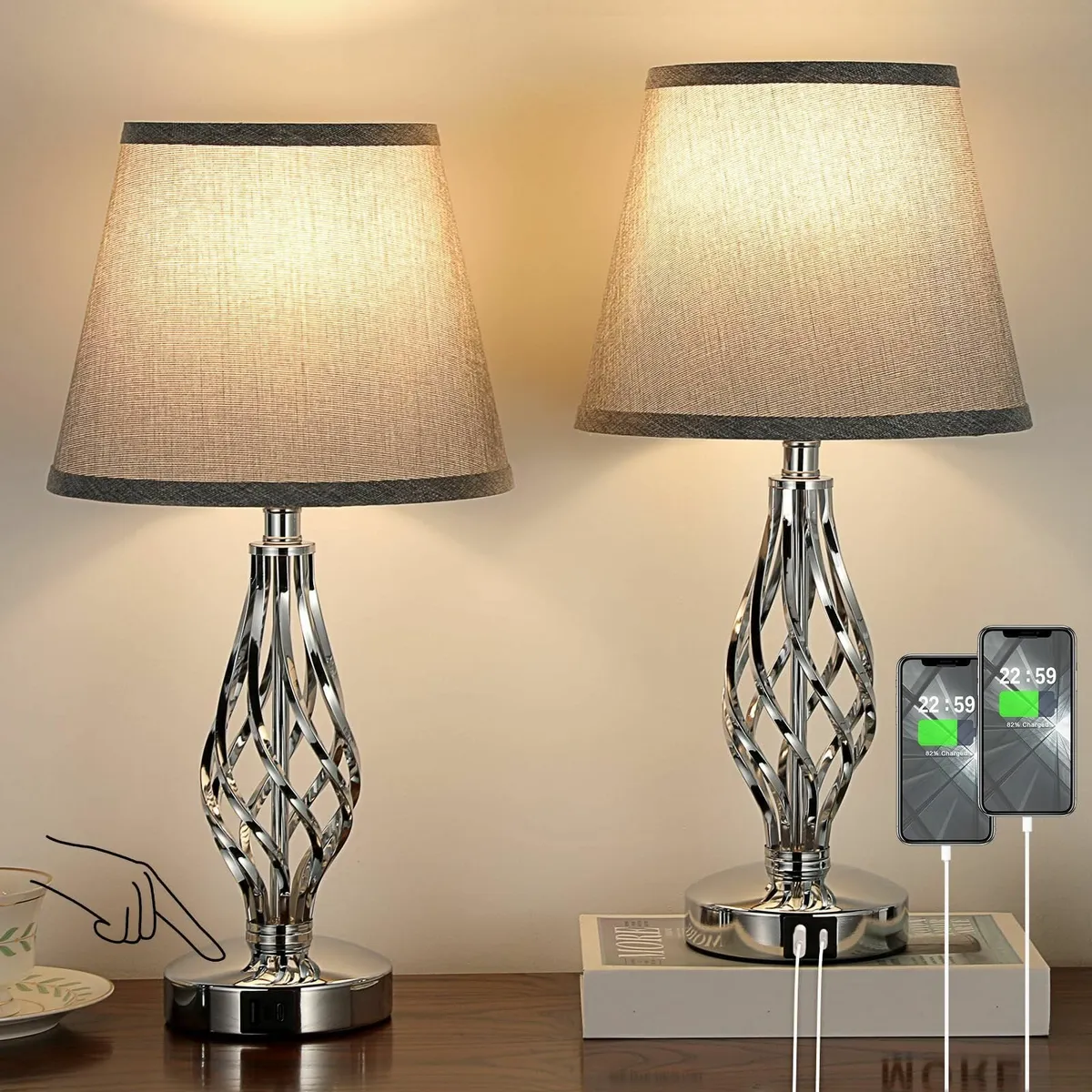 Touch Table Lamps Set of 2 Bedside Lamp with - Image 1