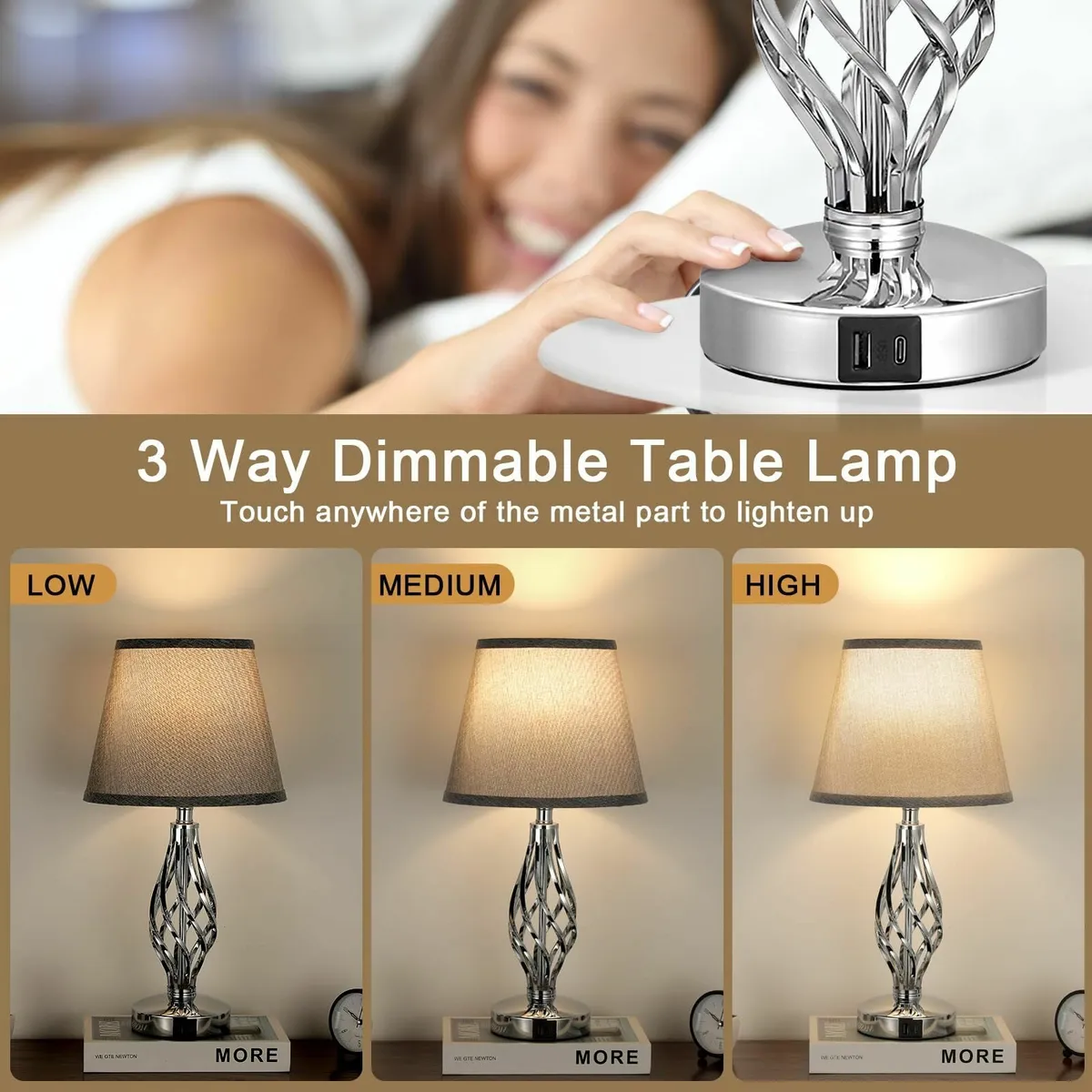 Touch Table Lamps Set of 2 Bedside Lamp with - Image 3