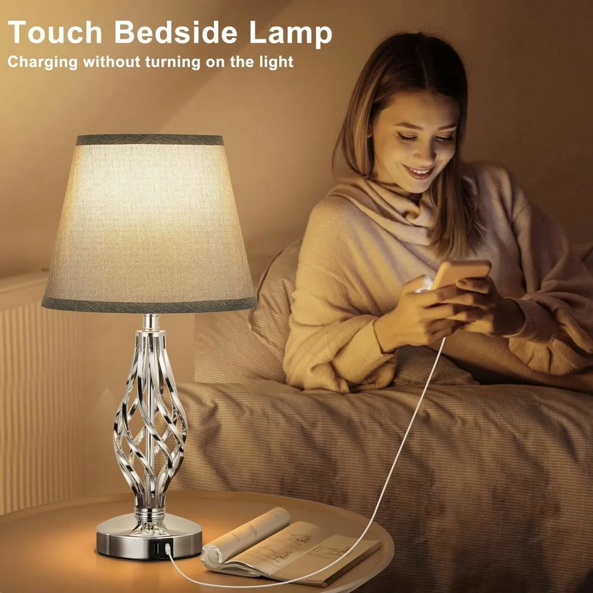 Touch Table Lamps Set of 2 Bedside Lamp with - Image 4