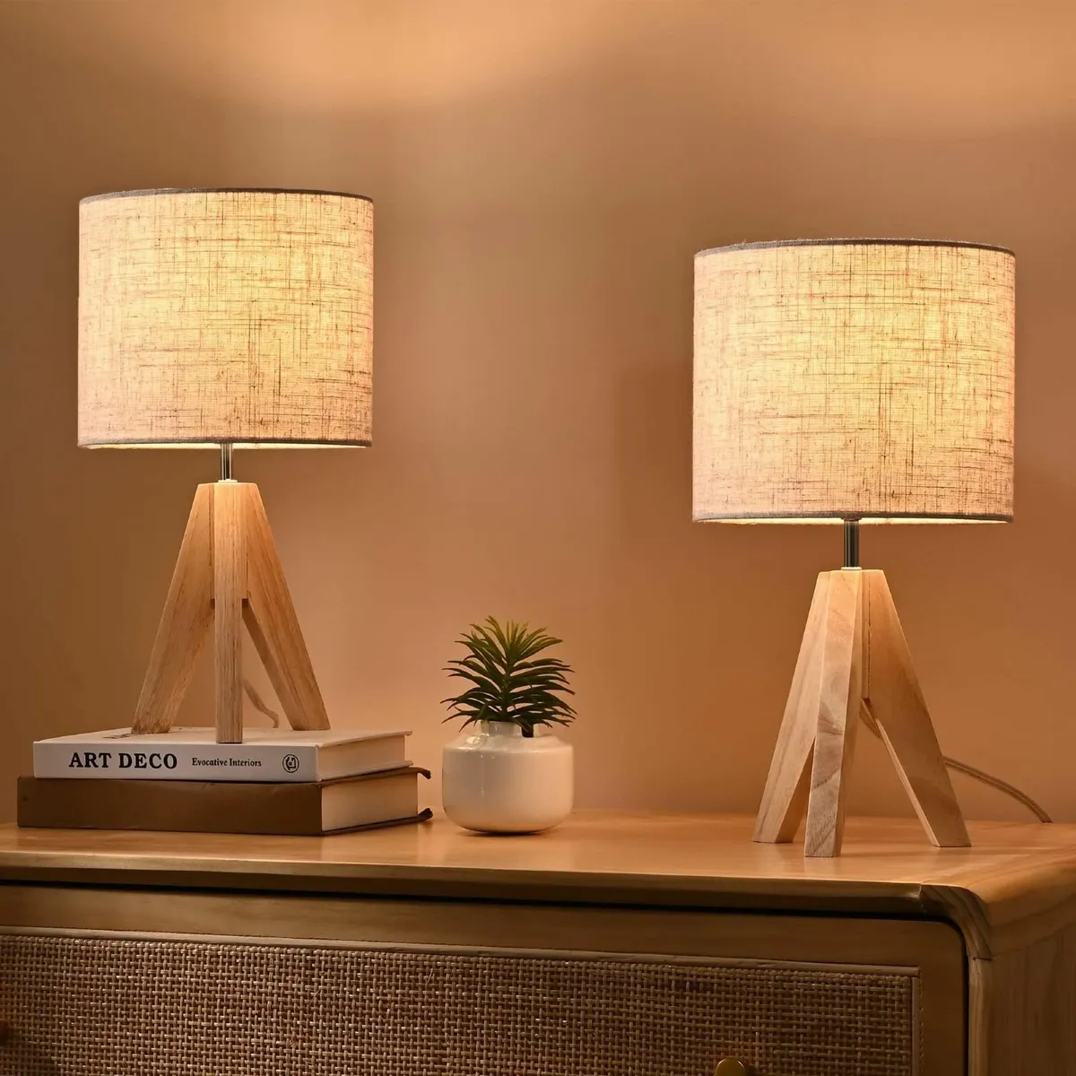 Bedside Lamps Set of 2 Wood Table Lamp Tripod - Image 1