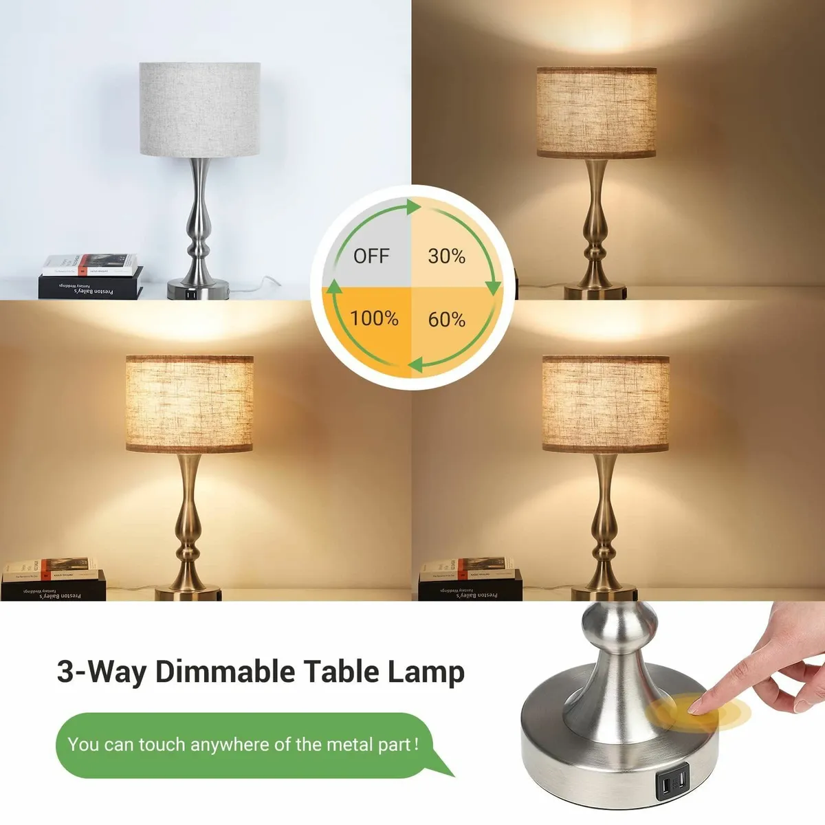 Bedside Lamps Set of 2 3 Way Dimmable Touch Lamp - Image 3