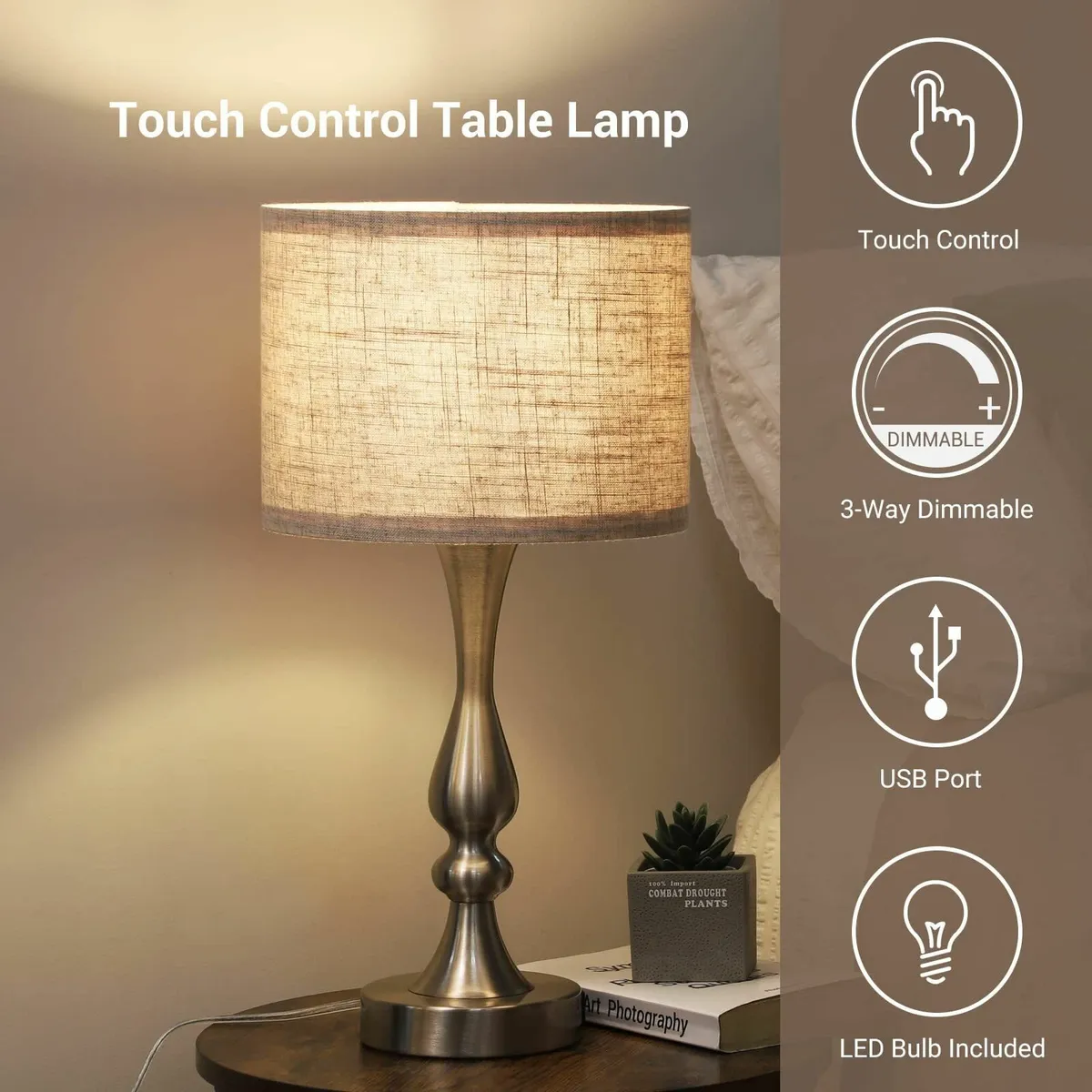 Bedside Lamps Set of 2 3 Way Dimmable Touch Lamp - Image 4