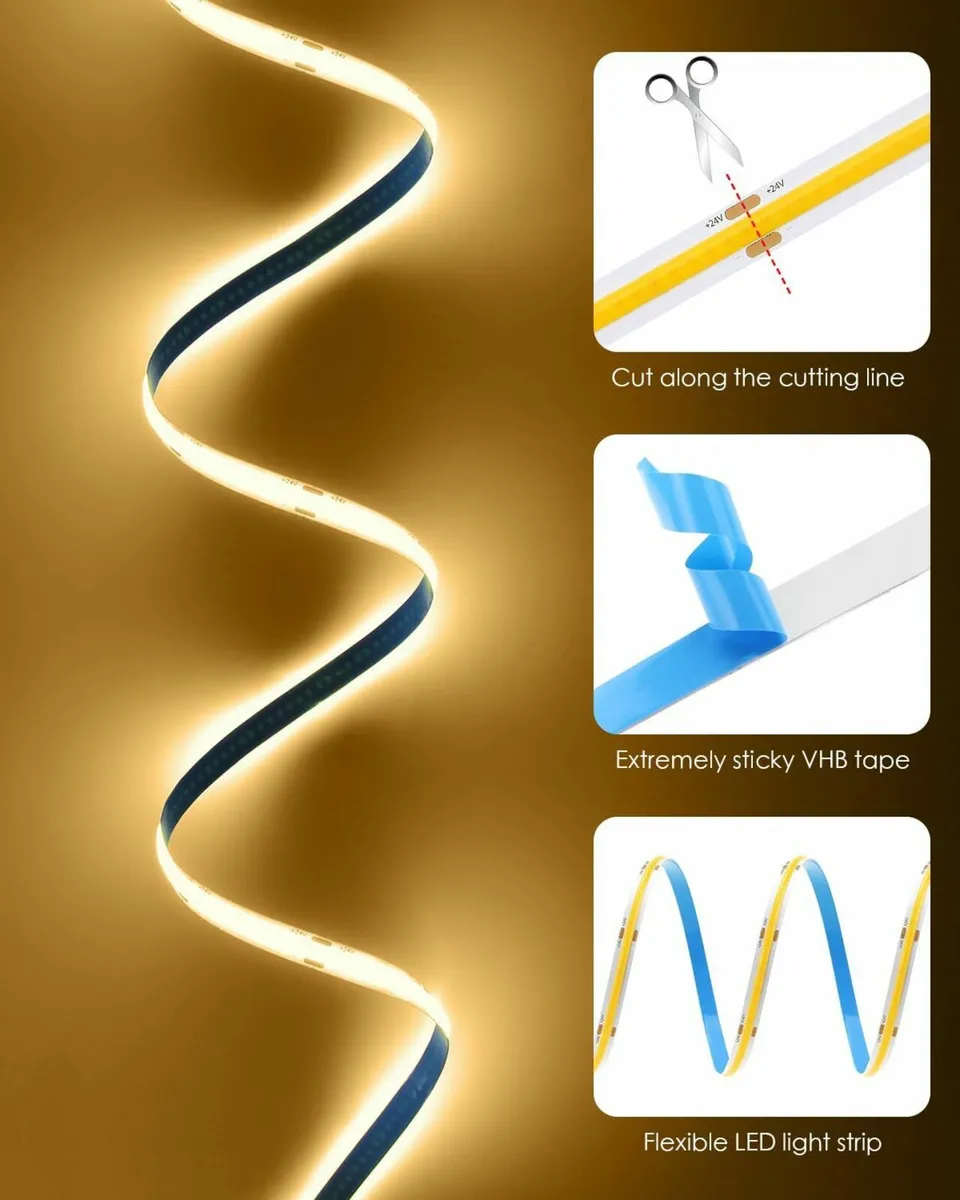 24V COB LED Strip Warm White 3000K 15M Dimmable - Image 4