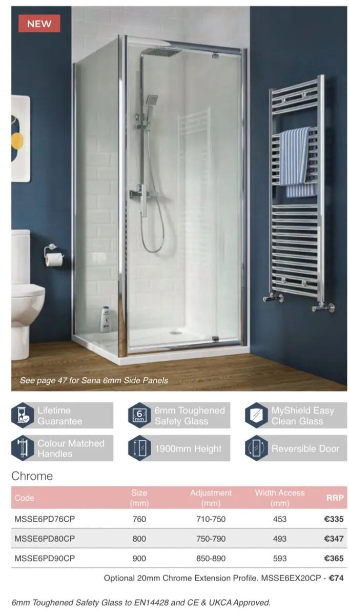 Sena 6mm pivot shower door 900mm chrome - Image 3