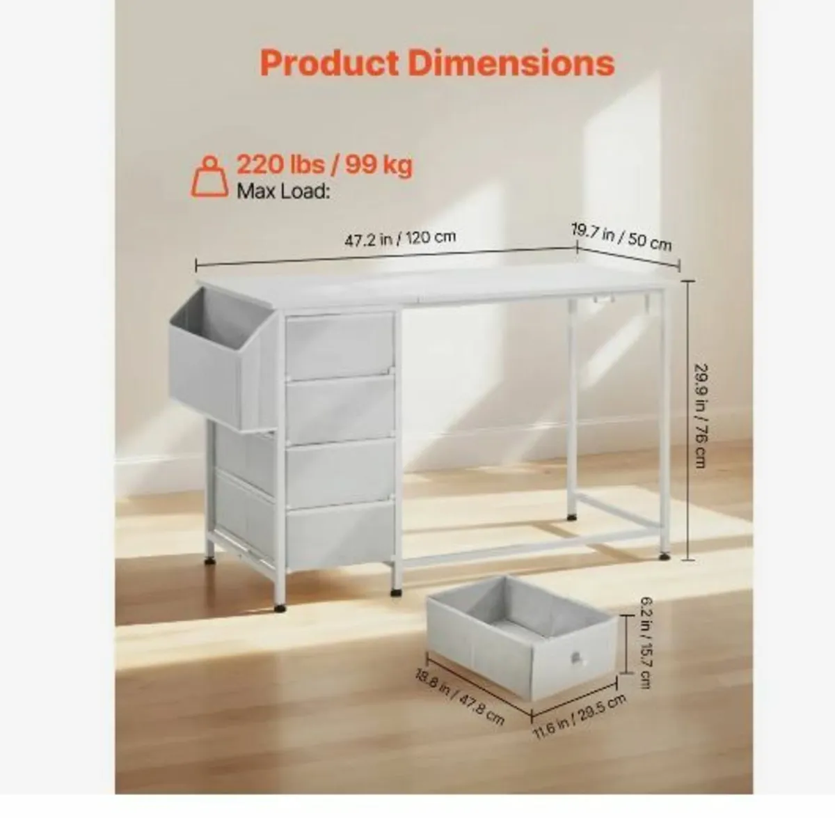 Computer Desk with Fabric Drawers, 120 cm - Image 3