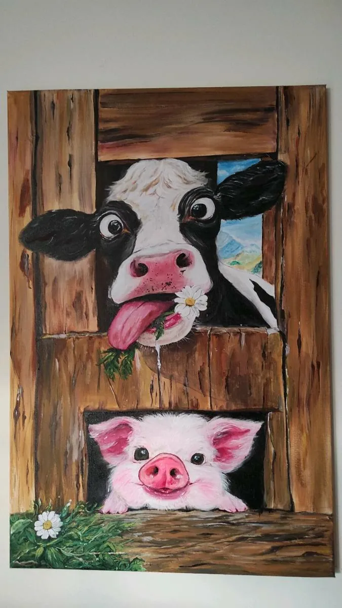 Acrylic painting 'Playful Cow and Piglet' - Image 1