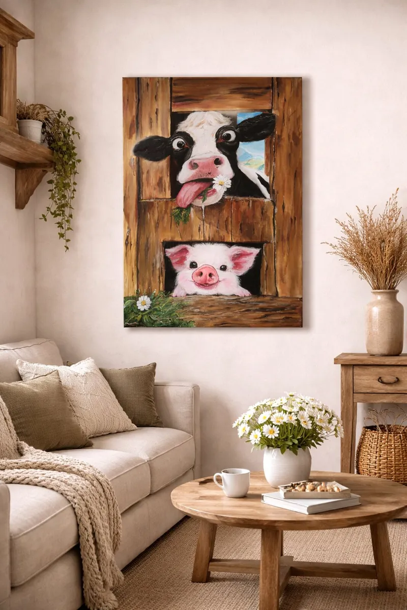 Acrylic painting 'Playful Cow and Piglet' - Image 3