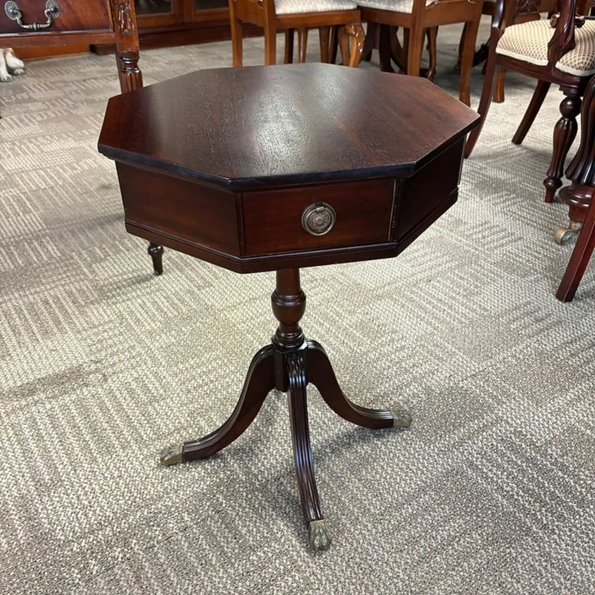 Vintage mahogany octagonal drum pedestal side tabl
