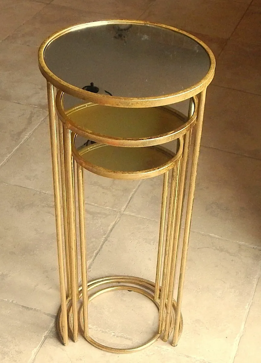 Nest of Metal Stands with Mirrored Glass Tops - Image 1