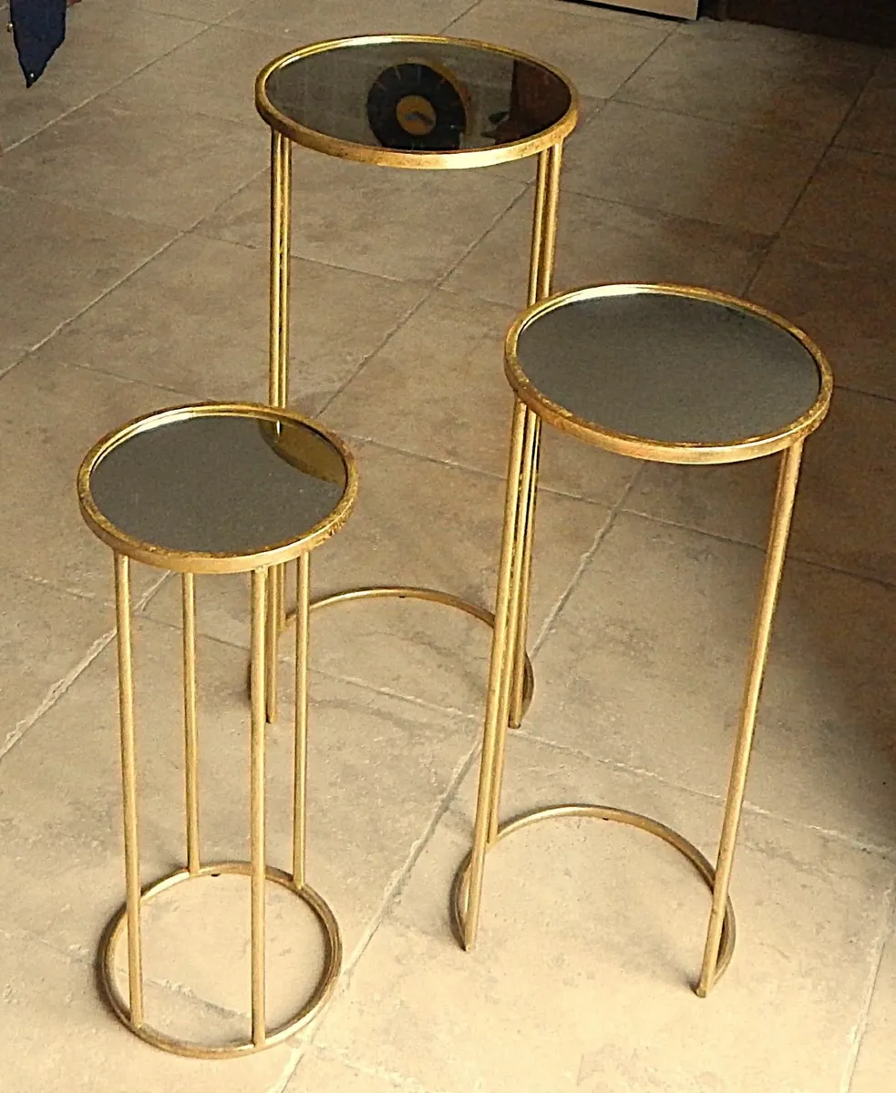 Nest of Metal Stands with Mirrored Glass Tops - Image 2