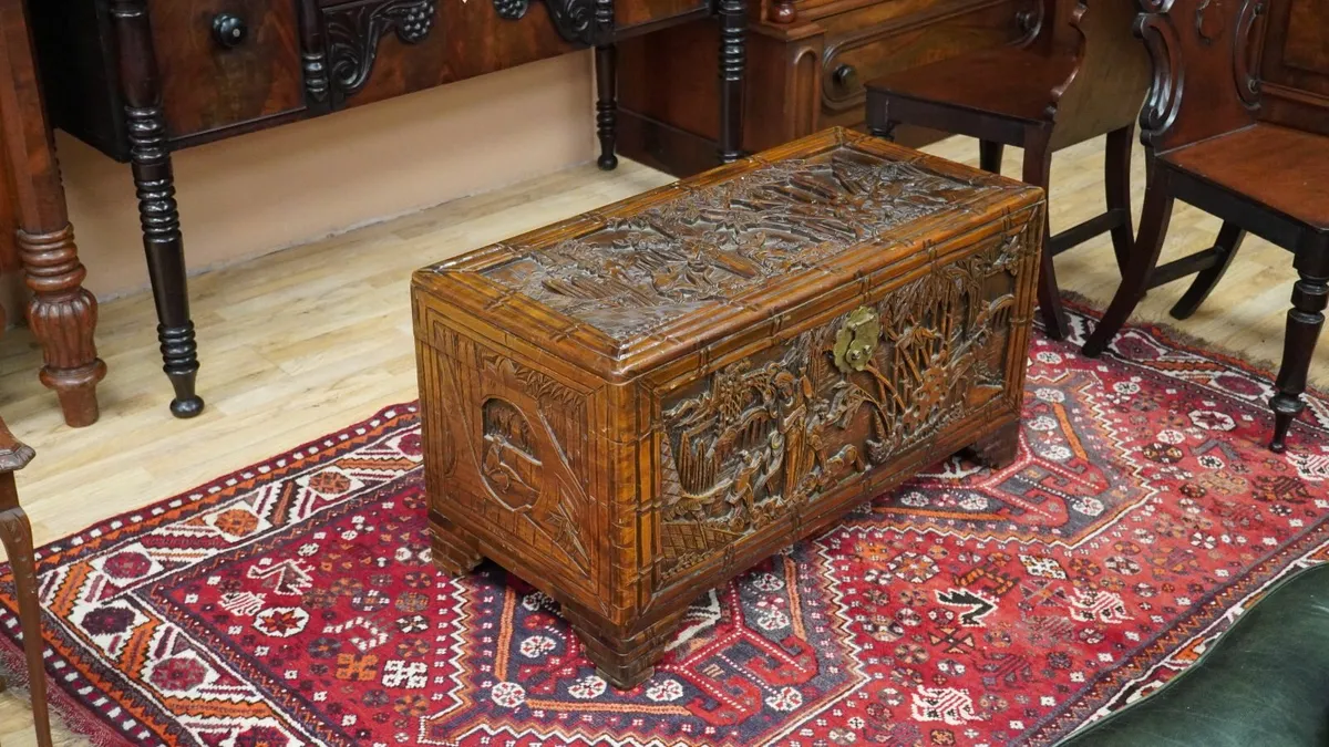 Carved Hong Kong Camphor Wood Chest - Image 1