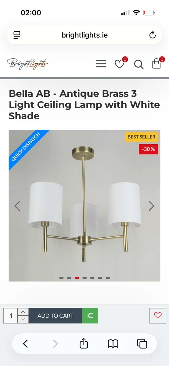 Antique brass 3 light ceiling lamp white shades - Image 2