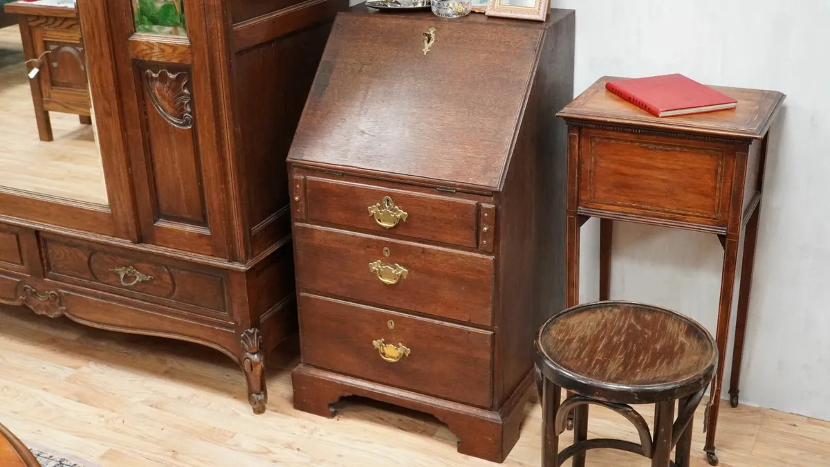 Victorian Solid Oak Drop-Front Bureau Writing Desk - Image 1