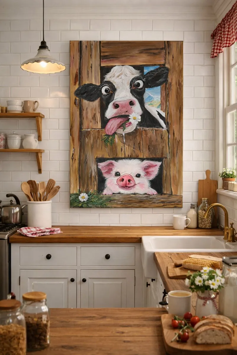 Acrylic painting 'Playful Cow and Piglet' - Image 4