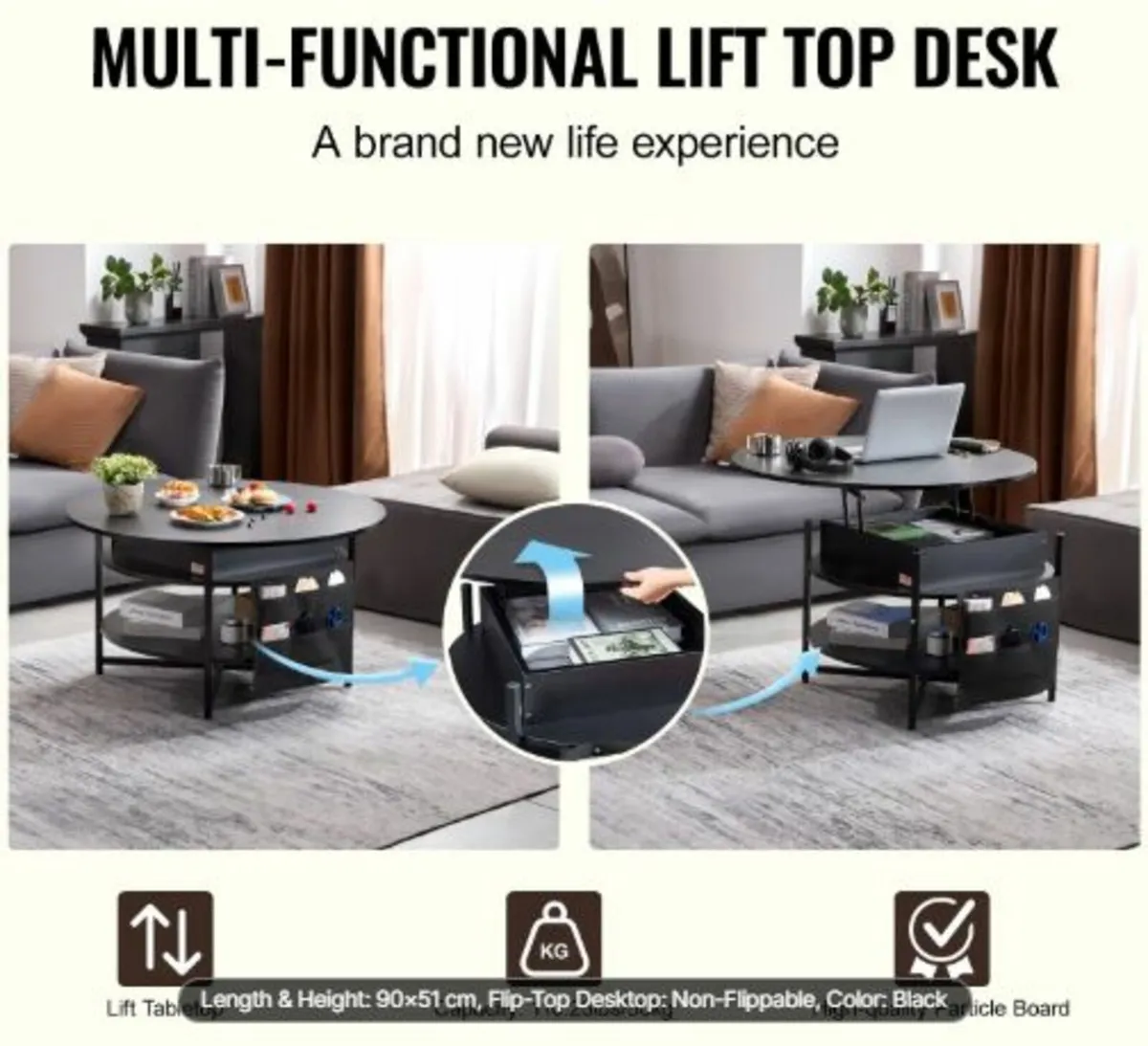 Lift Top Coffee Table, 35.3 in Round Coffee Table - Image 2