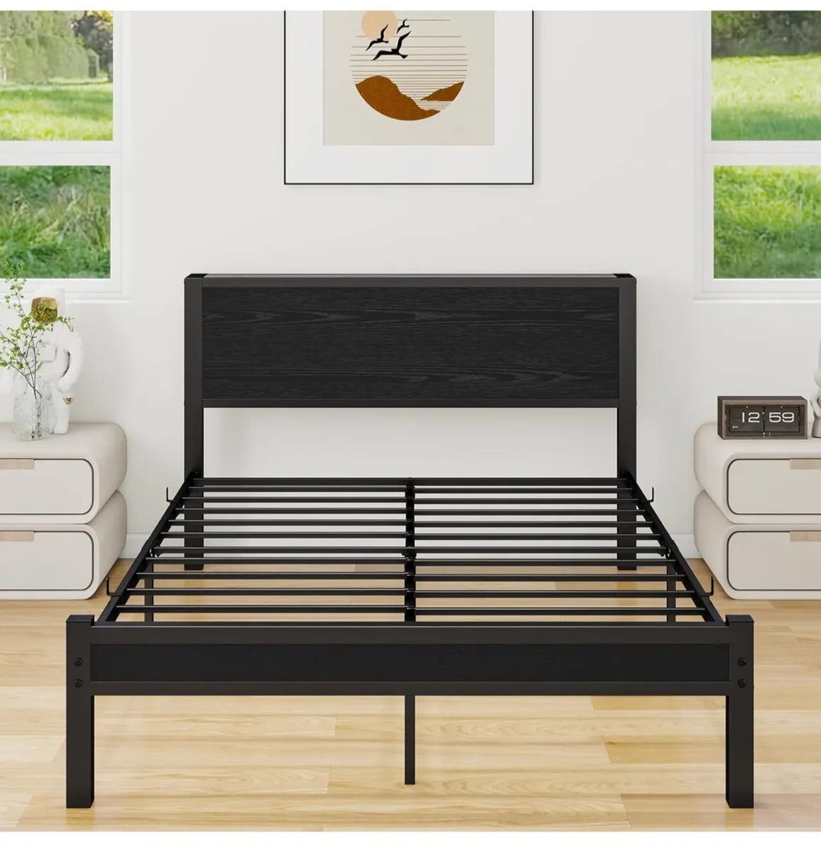 Double Bed Frame with Wooden Storage Shelf Headboa - Image 4