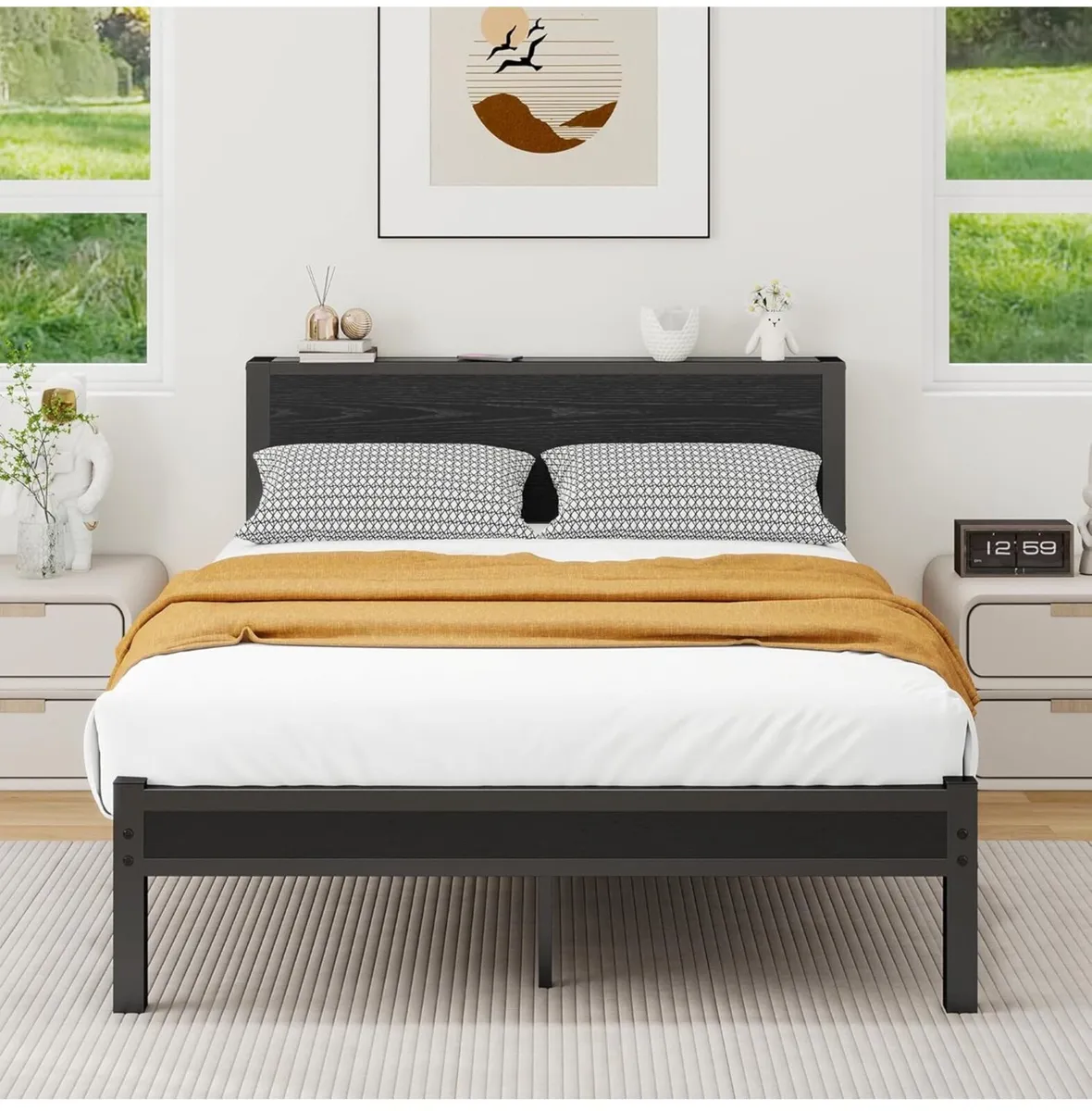 Double Bed Frame with Wooden Storage Shelf Headboa - Image 1