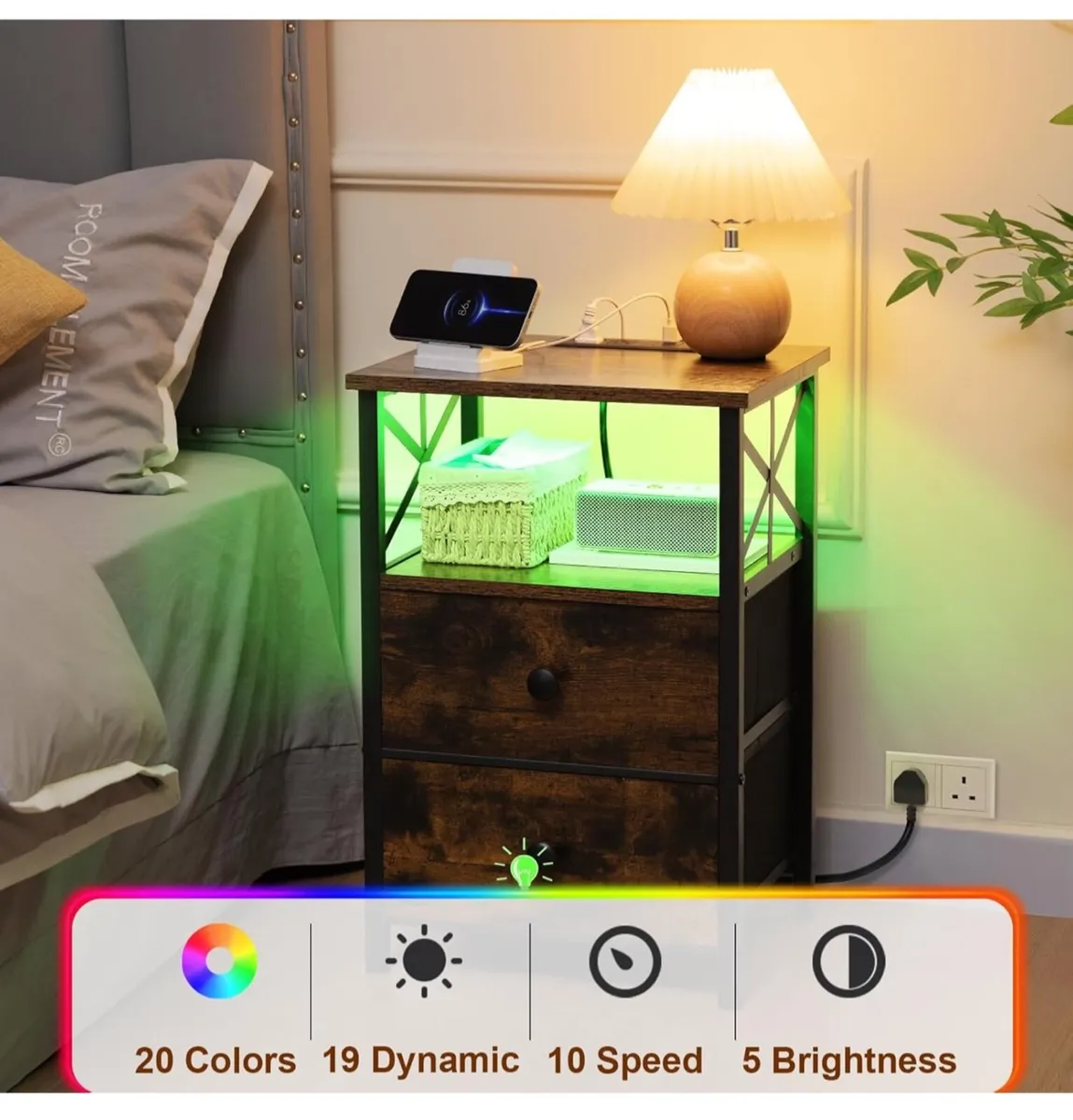 Bedside Table Set of 2, Side Table with Charging S - Image 2